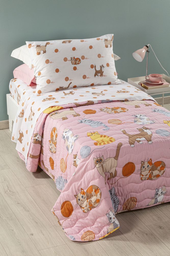 Vacchetti | Copriletto Trapuntato Quilt 1 Piazza E Mezza Kids Gattini Cotone