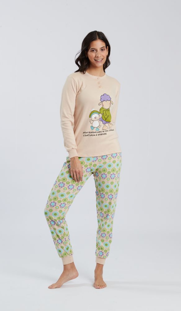 Vacchetti | Pigiama Donna Serafino Con Polsino Fantasia Happy People 6398 Caldo Cotone
