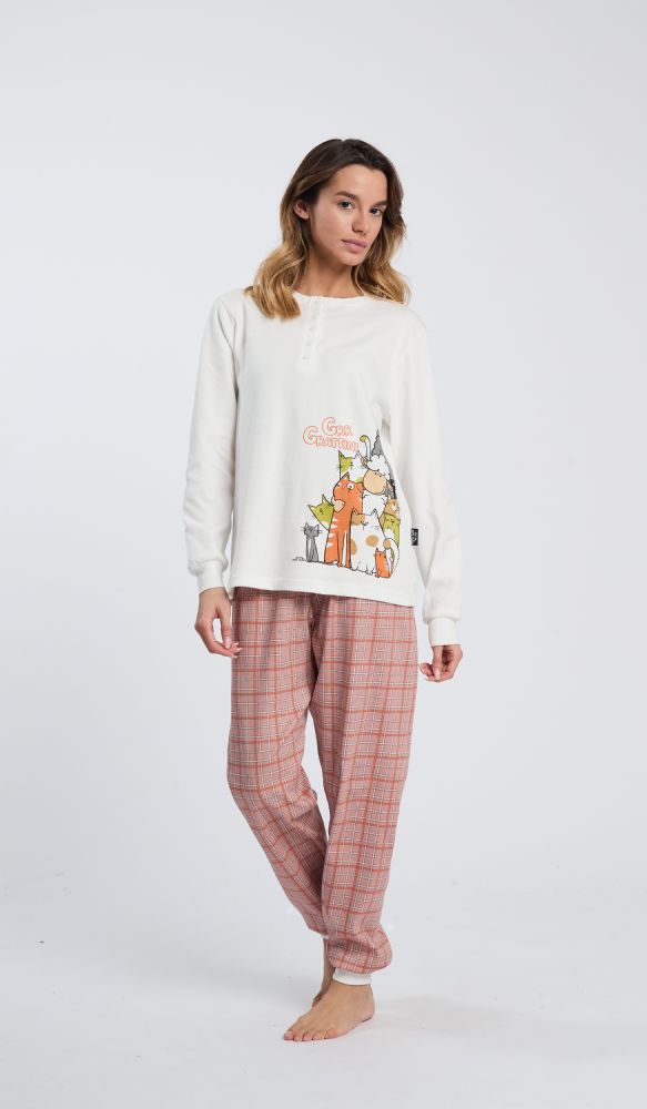 Vacchetti | Pigiama Donna Serafino Con Polsino Fantasia Happy People 6773 Caldo Cotone