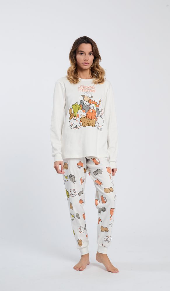 Vacchetti | Pigiama Donna Girocollo Con Polsino Fantasia Happy People 6775 Caldo Cotone