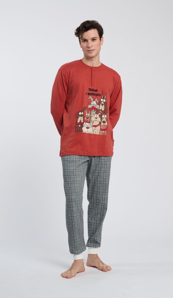 Vacchetti | Pigiama Uomo Serafino Con Polsino Fantasia Happy People 6789 Caldo Cotone
