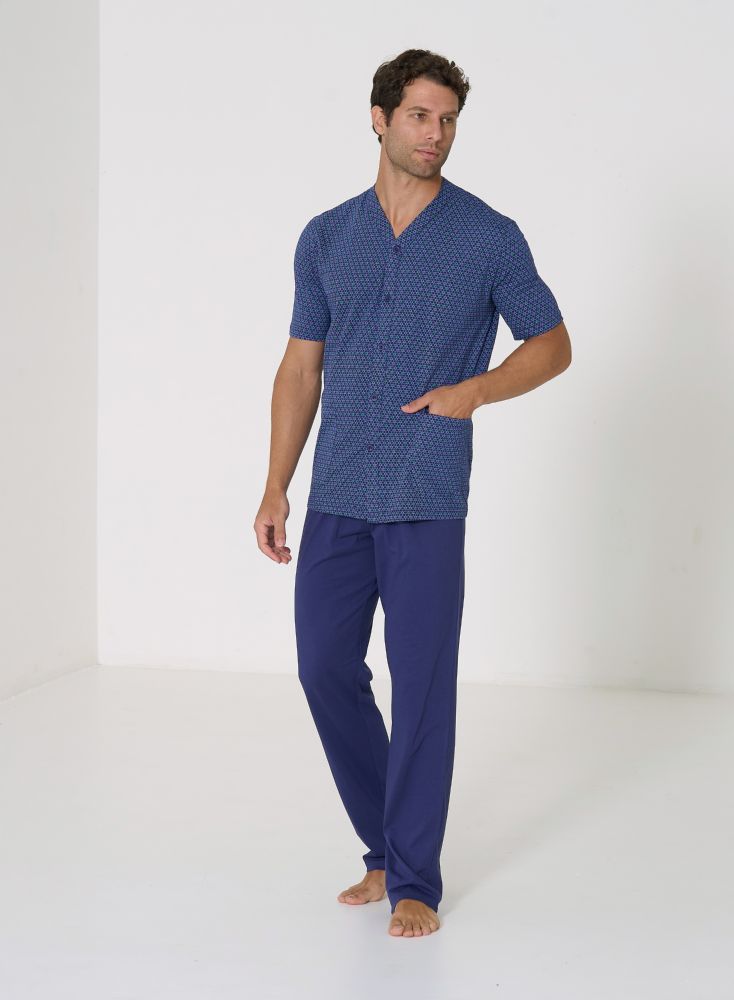 Vacchetti | Pigiama Uomo Aperto Mezza Manica Pantalone Lungo Fantasia 75350 Cotone Jersey