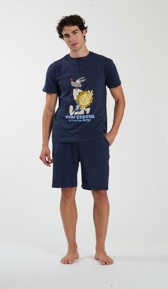 Vacchetti | Pigiama Uomo Serafino Corto Fantasia Happy People 6936 Cotone Jersey