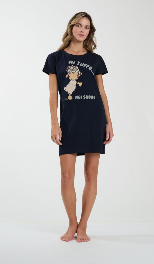 Vacchetti | Camicia Da Notte Donna Mezza Manica Girocollo Fantasia Happy People 6946 Cotone Jersey