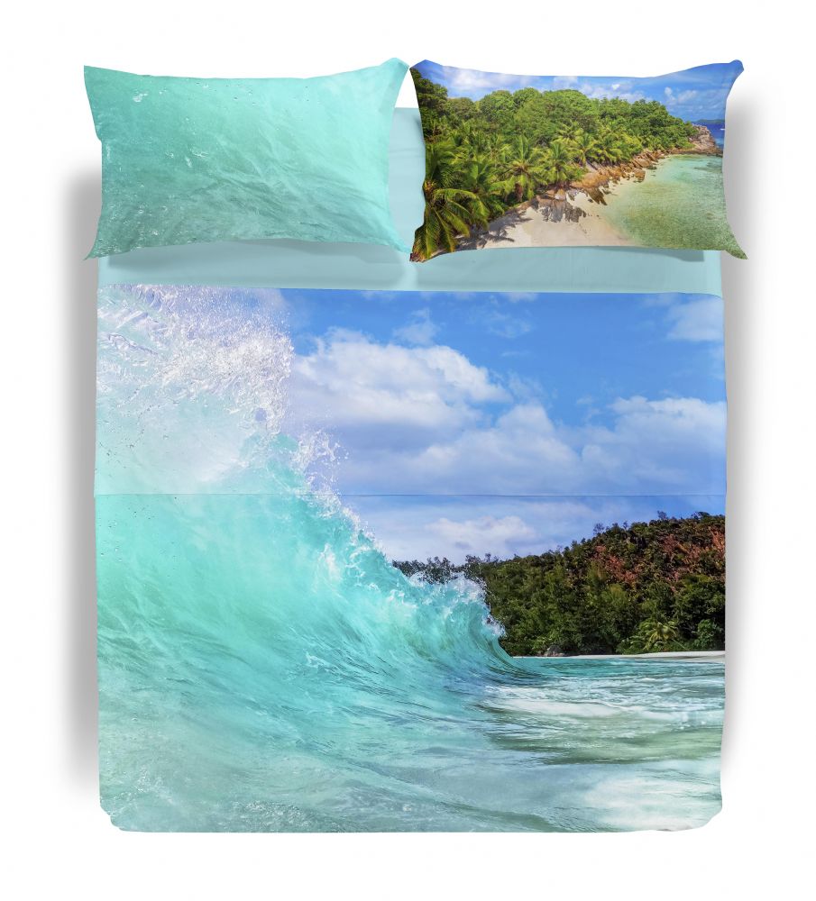 Vacchetti | Completo Lenzuolo Copriletto 2 Piazze Fotografico Sogni Di Viaggio The Big Wave Cotone